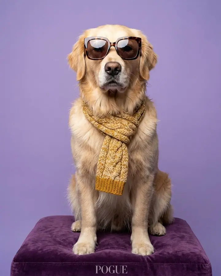 AI example of a golden retriever in sunglasses and a scarf on a velvet stool