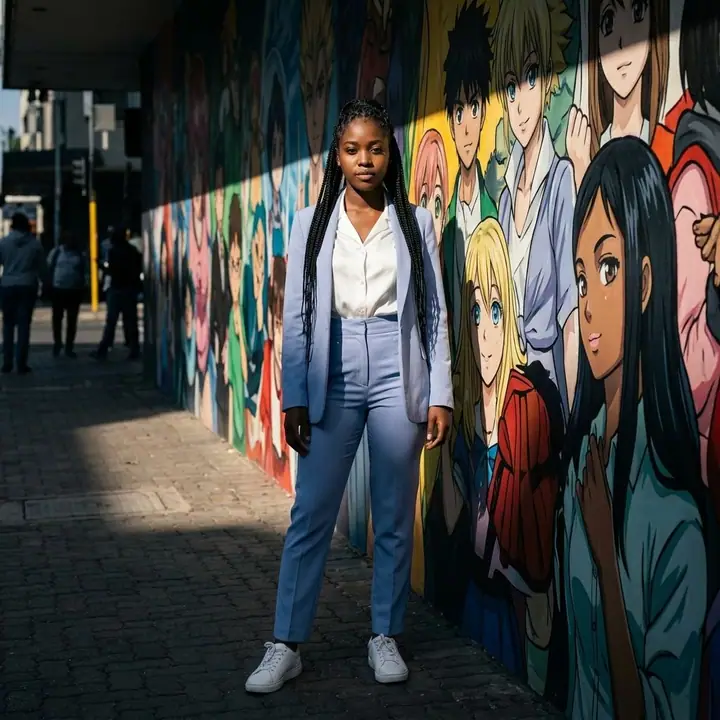 Woman in a light shirt and jeans standing beside a colorful anime mural
