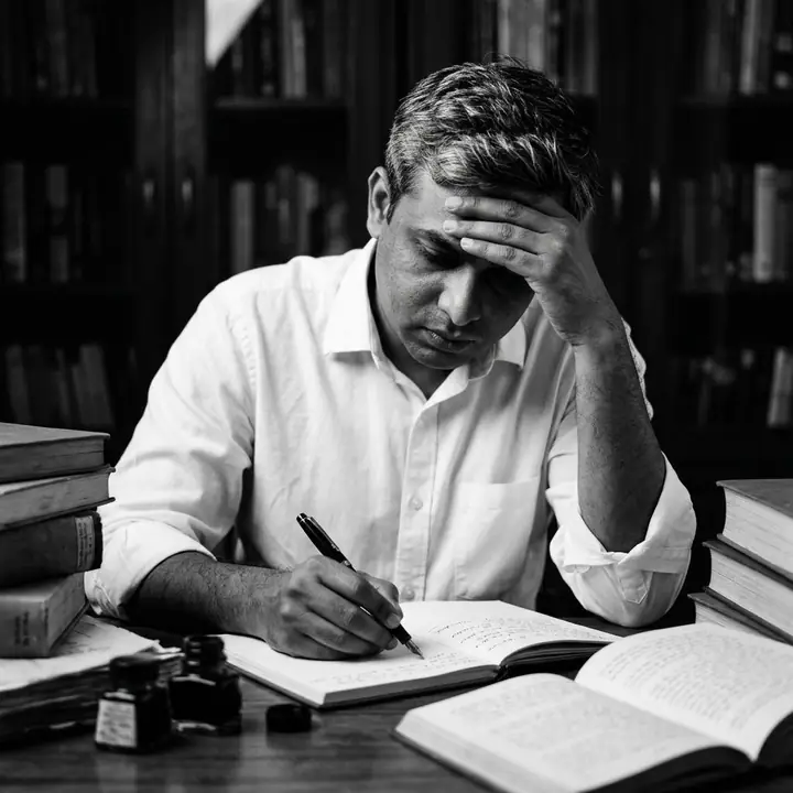 Black and white photo of a man writing at a desk surrounded by books