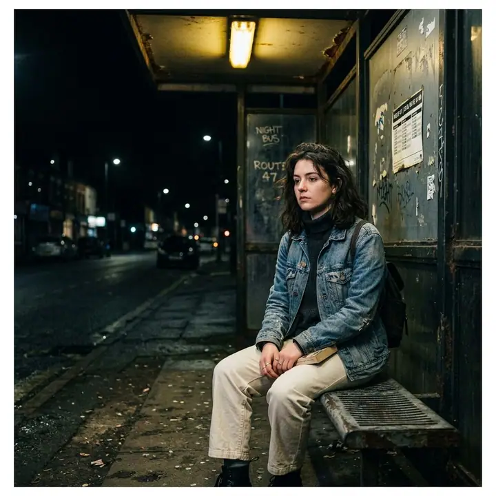 Young woman in a denim jacket sitting alone at a dim bus stop at night