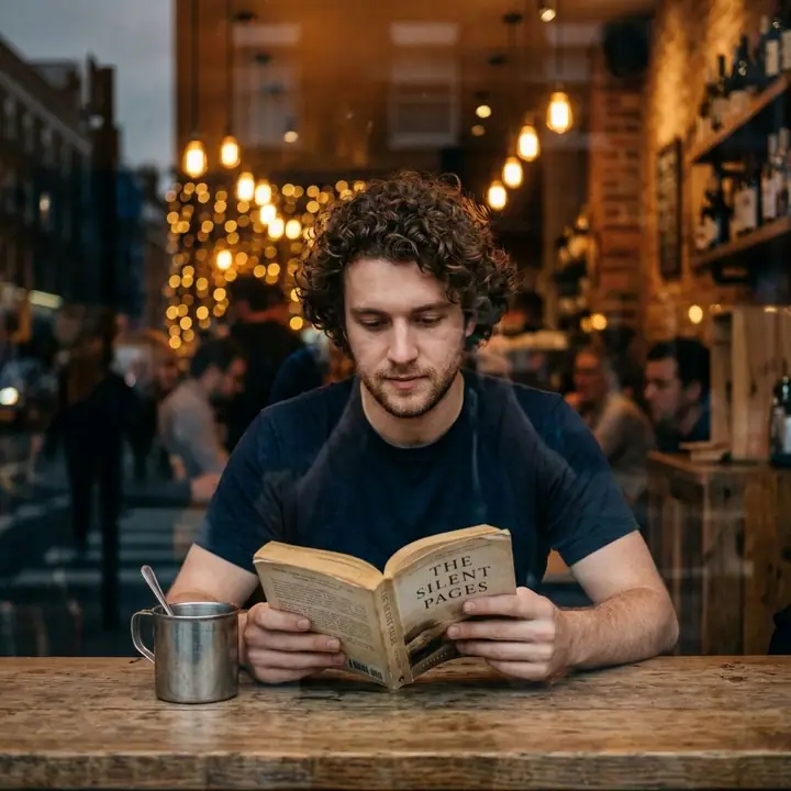Young man with curly hair reading a book behind a café window with warm bokeh lights