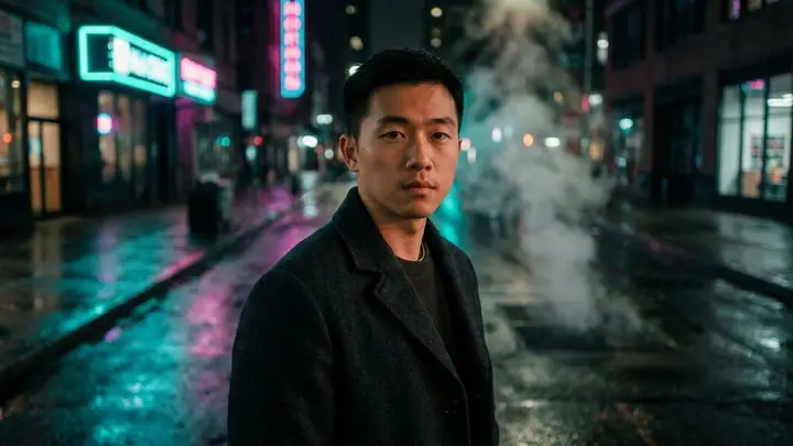 AI example of a cinematic night portrait of a man on a neon-lit wet street
