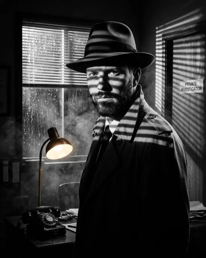 AI example of a film-noir portrait of a man in a trench coat with blind-stripe shadows