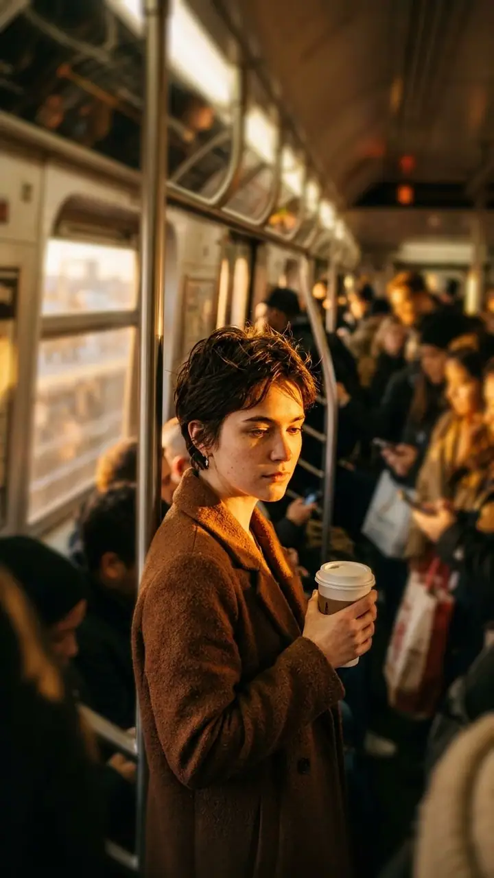 Woman with short dark hair holding a coffee cup on a sunlit crowded subway