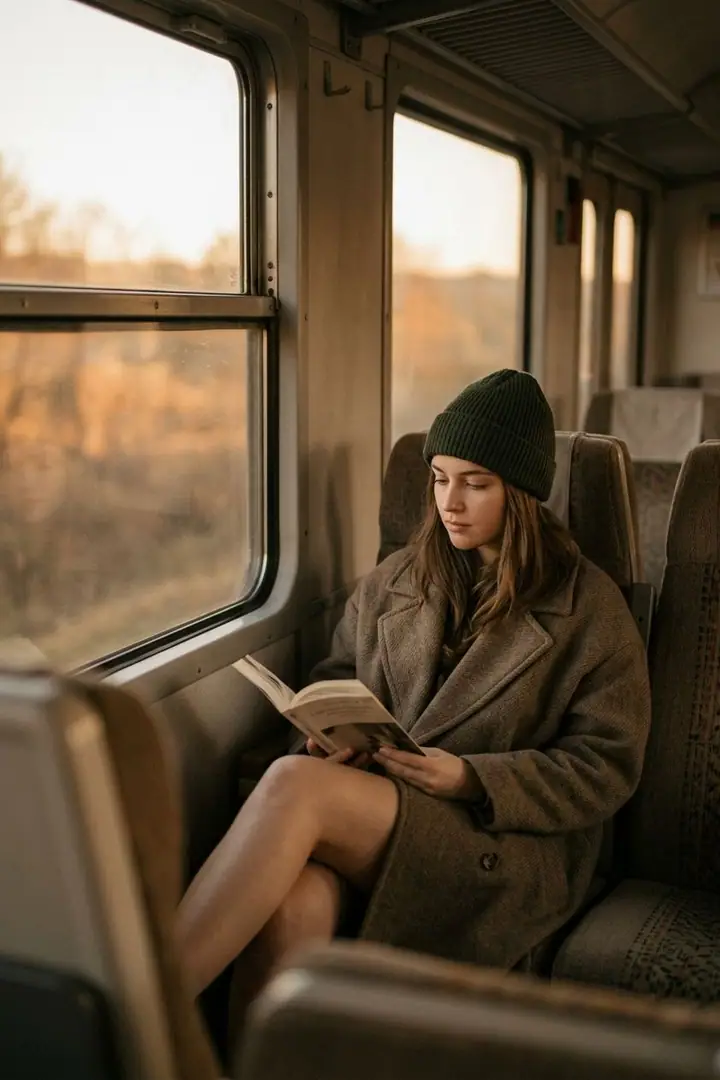 Woman in a green beanie reading a book by a train window at sunset