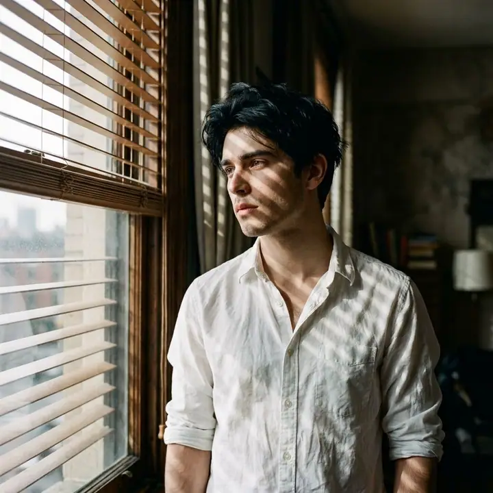 Young man in a white shirt with striped blind shadows across his face
