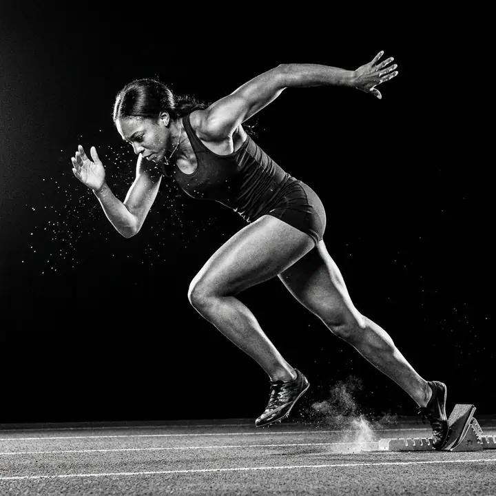Runner's legs frozen mid-stride with dust flying on a black background