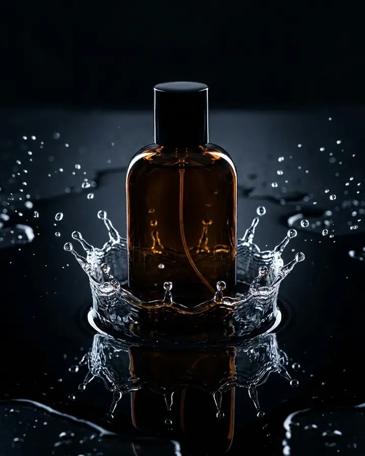 AI example of an amber perfume bottle with a frozen water splash on black glass