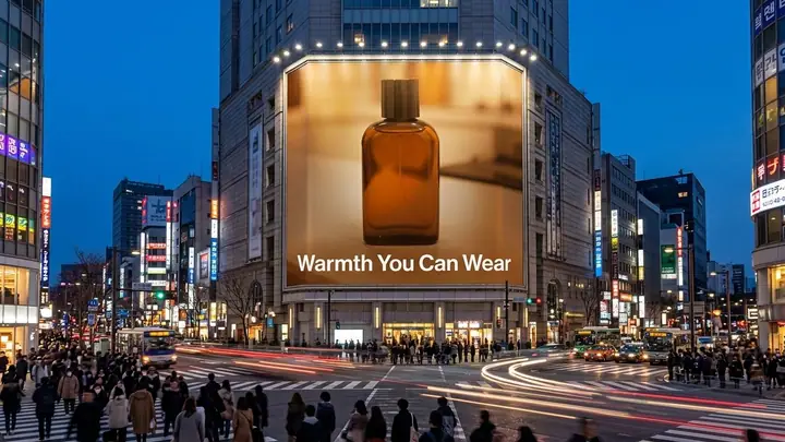 AI example of a city billboard at dusk advertising an amber perfume bottle