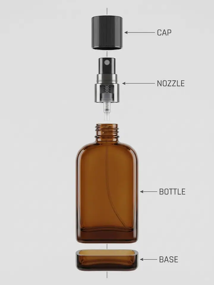 AI example of an exploded-view render of a perfume bottle with labelled parts