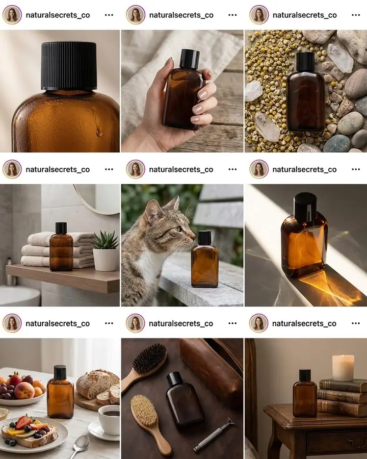 Nine-photo social feed grid showing the same product in different settings