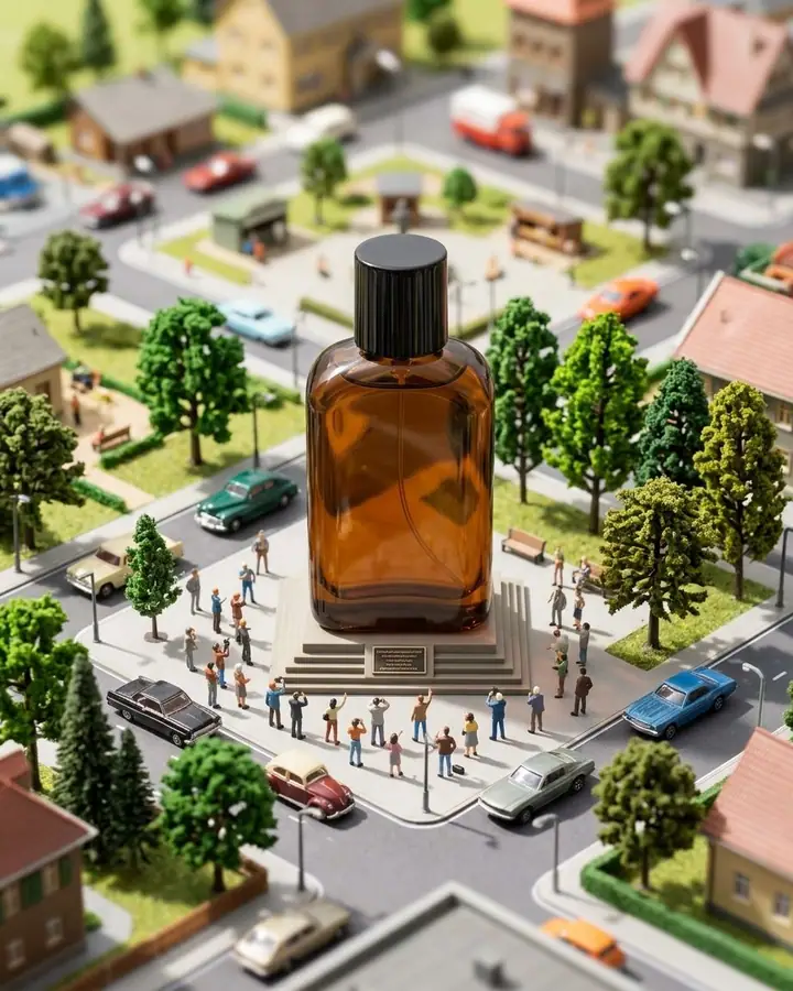 AI example of a perfume bottle as a giant monument in a miniature town