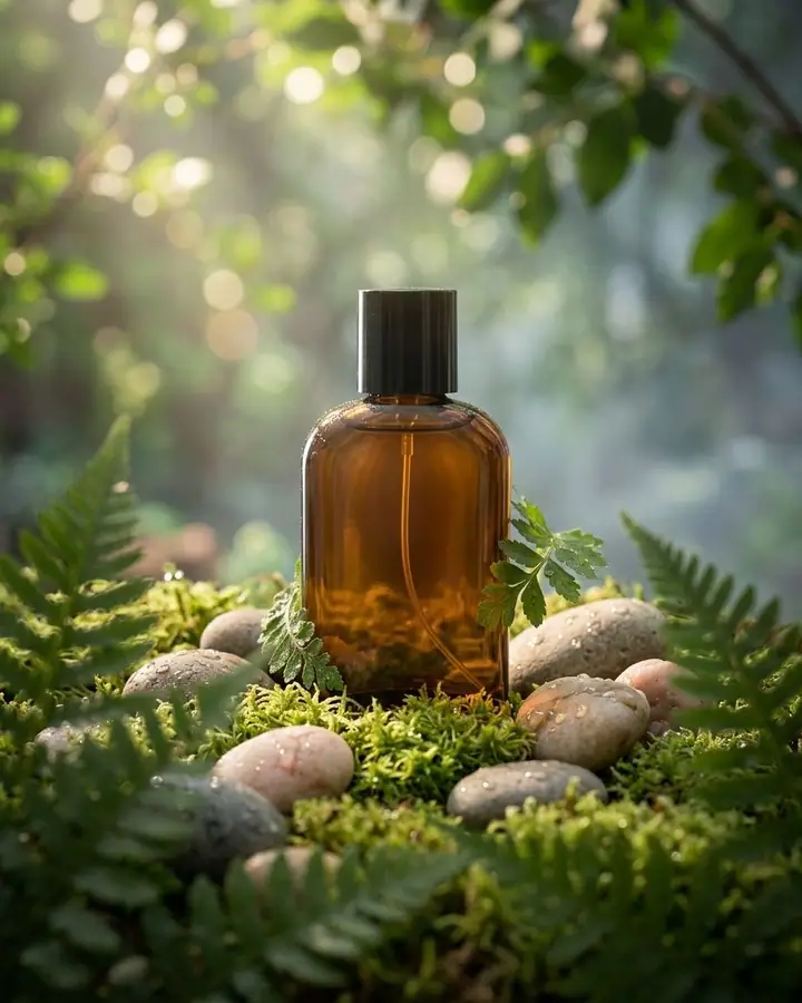 AI example of an amber perfume bottle staged on moss and river stones