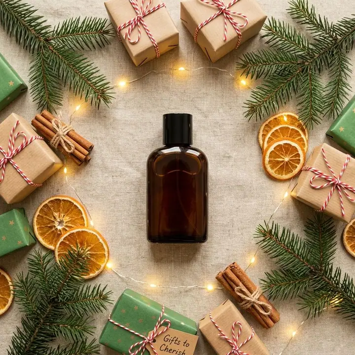 AI example of a festive flat lay with a perfume bottle among gifts and pine sprigs