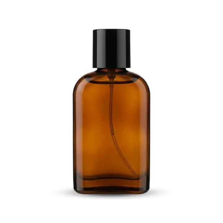 AI example of an amber perfume bottle as a clean packshot on pure white