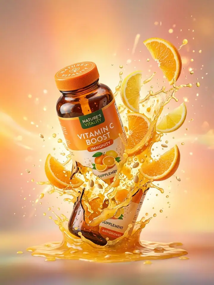 Orange supplement bottles surrounded by bursting citrus juice splashes