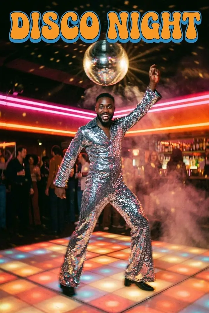 AI example of a man dancing under a mirror ball on a lit 1970s disco floor, styled as a poster