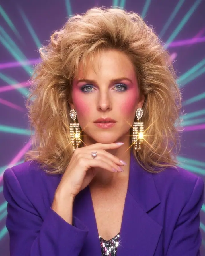 AI example of a 1980s soft-focus glamour shot of a blonde woman with big hair and a laser backdrop