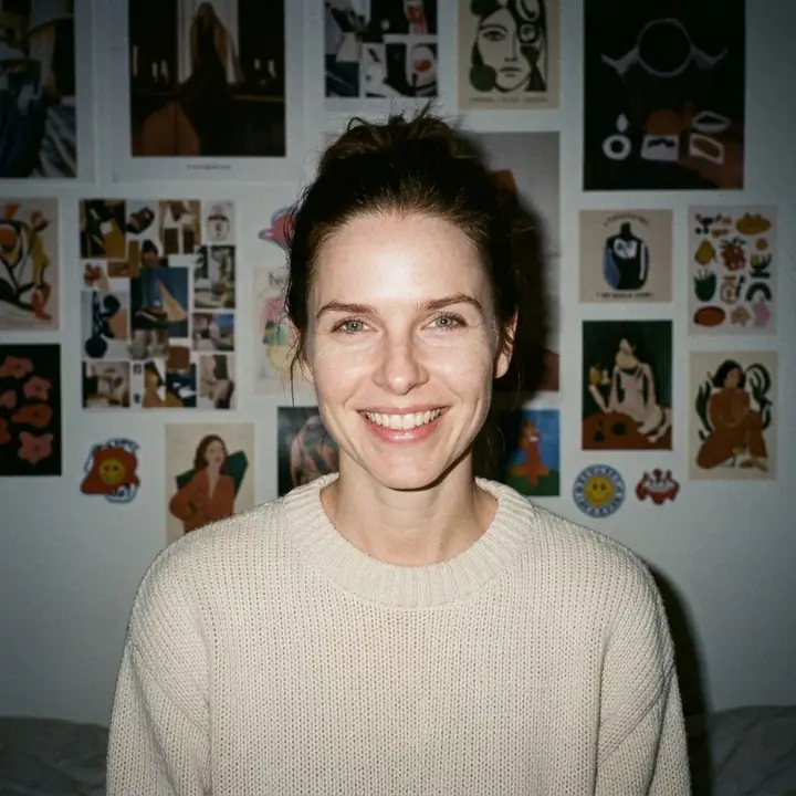 Young woman in an oversized cream sweater lit by direct flash in front of a poster wall