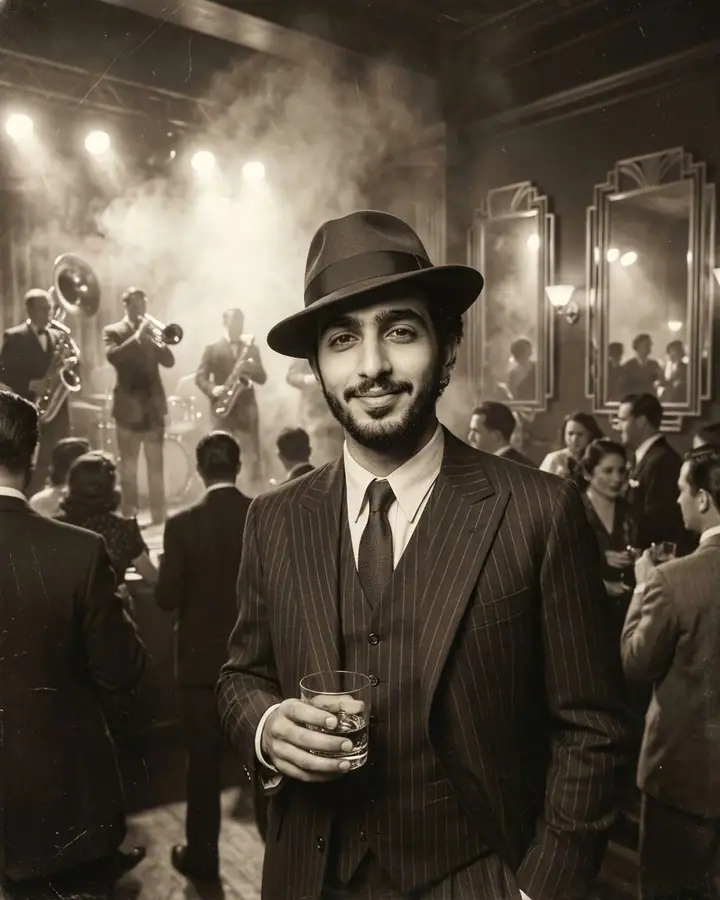 AI example of a sepia 1920s speakeasy photo of a man in a pinstripe suit