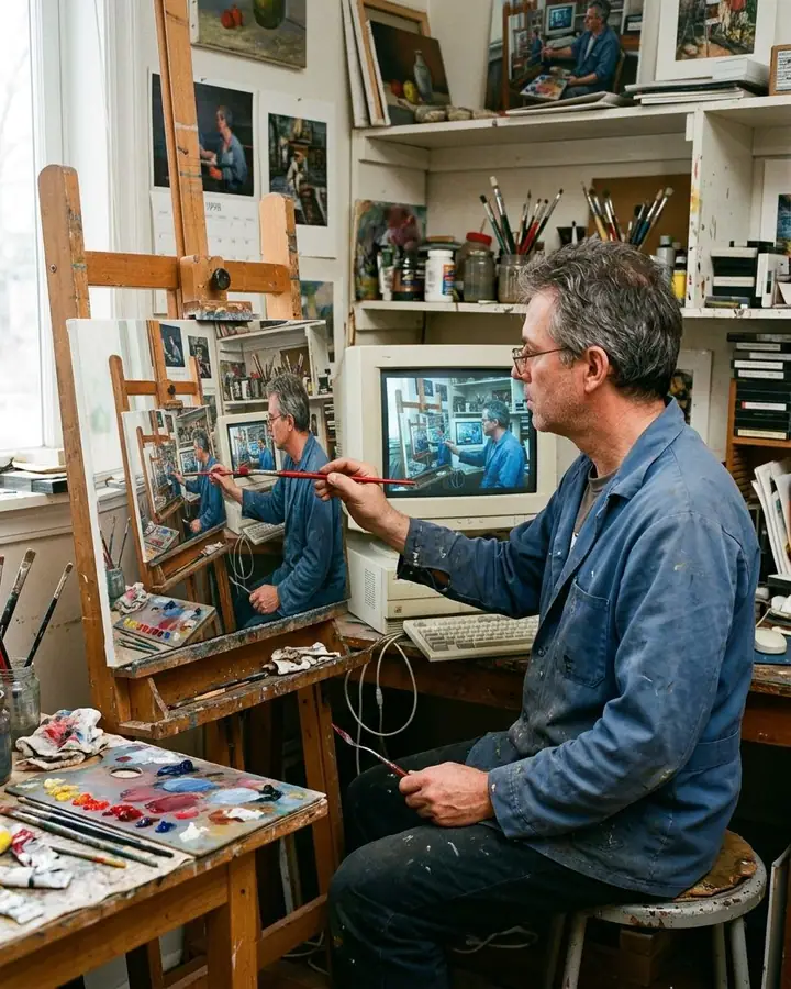 Amateur 1998 photo of an artist painting a recursive image of himself painting