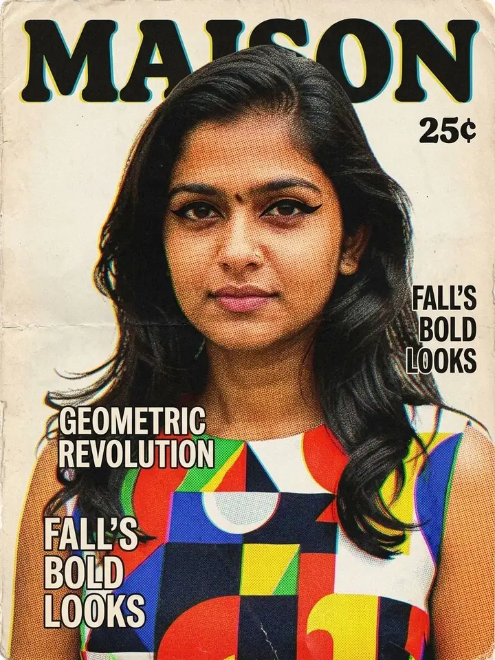AI example of a 1960s mod magazine cover featuring a woman in a geometric dress