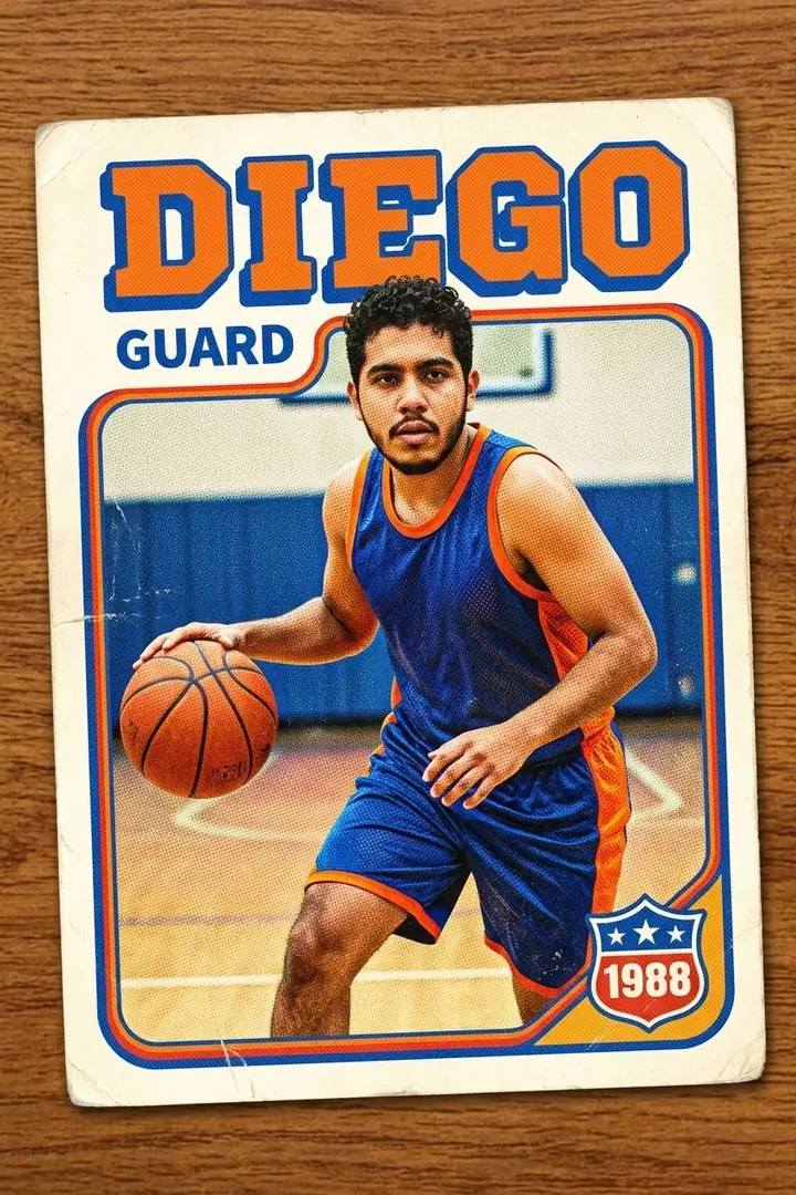 AI example of a worn 1980s trading card showing a man in a basketball uniform