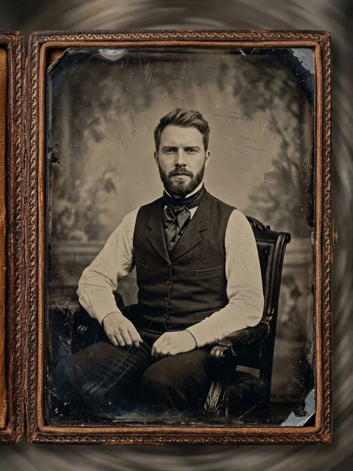AI example of a Victorian tintype portrait of a bearded man in a waistcoat
