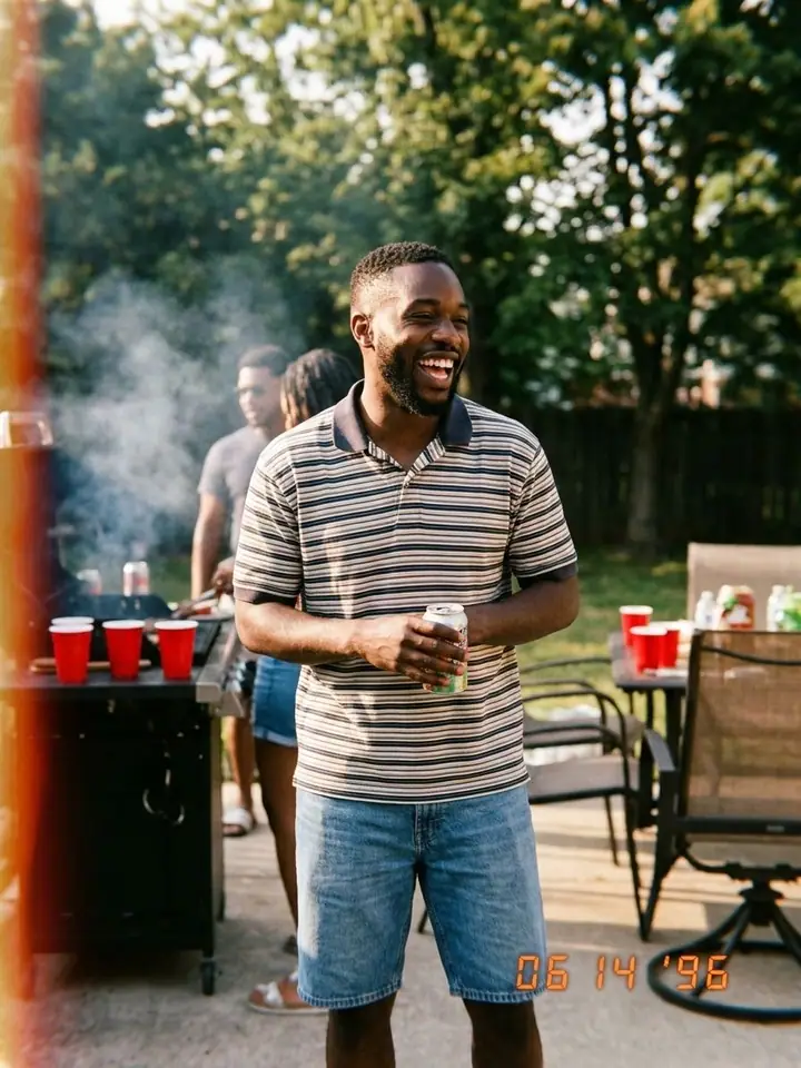 AI example of a 35mm film snapshot of a man at a backyard barbecue with an orange date stamp