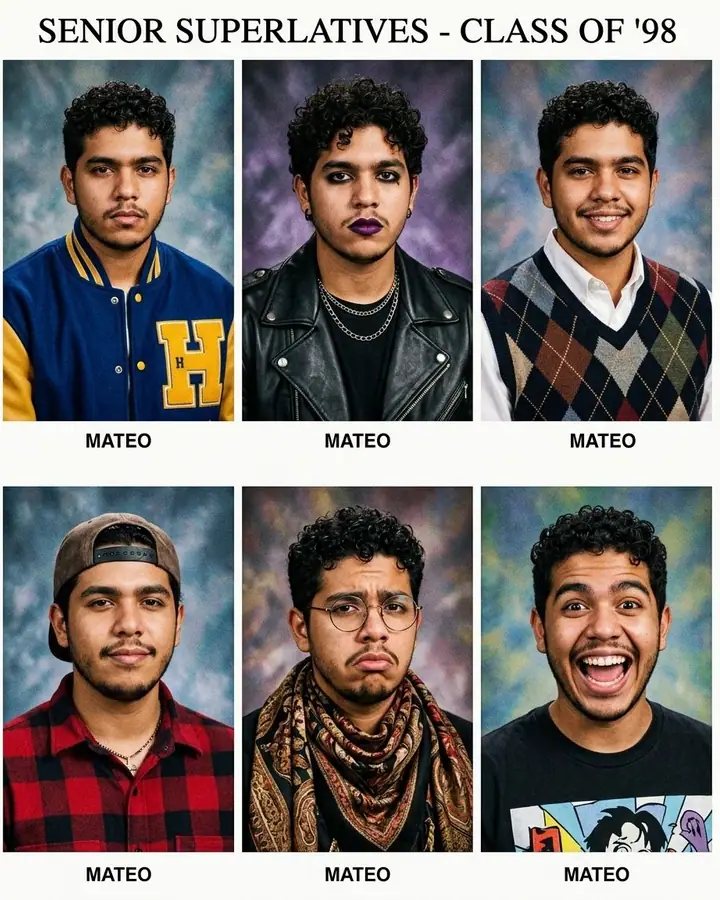 AI example of a yearbook page with six 90s portraits of the same man in different stereotypes