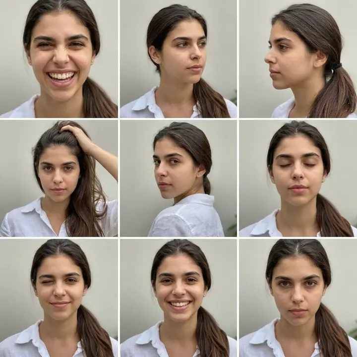 AI example of a 3x3 grid with nine different expressions of the same woman