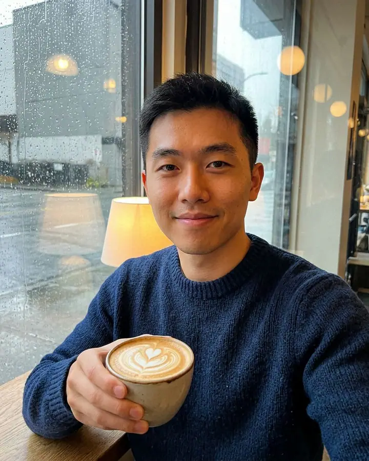 AI example of a cosy café selfie of a man holding a latte by a rainy window