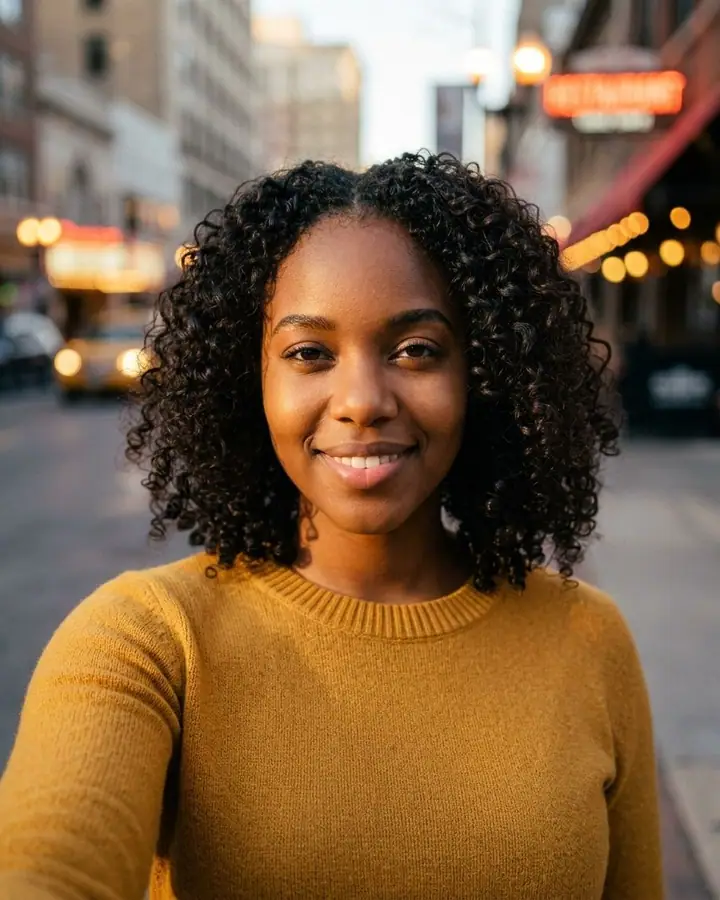 AI example of a selfie relit with golden hour light against a blurred city street