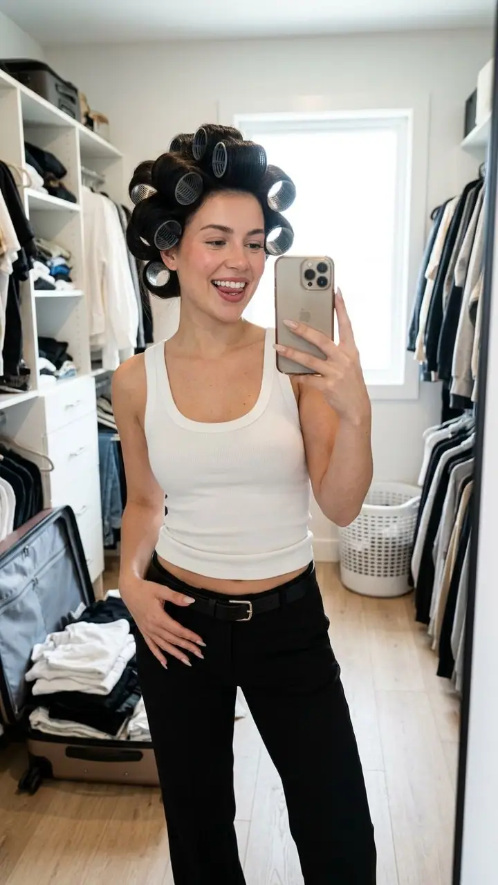 Woman with velcro hair rollers taking a playful mirror selfie