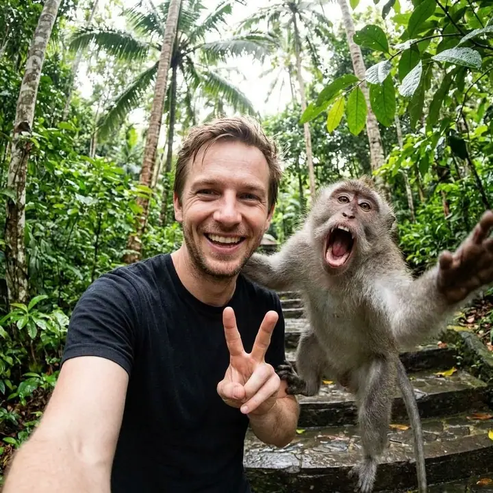 Man flashing peace signs in a forest selfie as a monkey reaches toward the camera