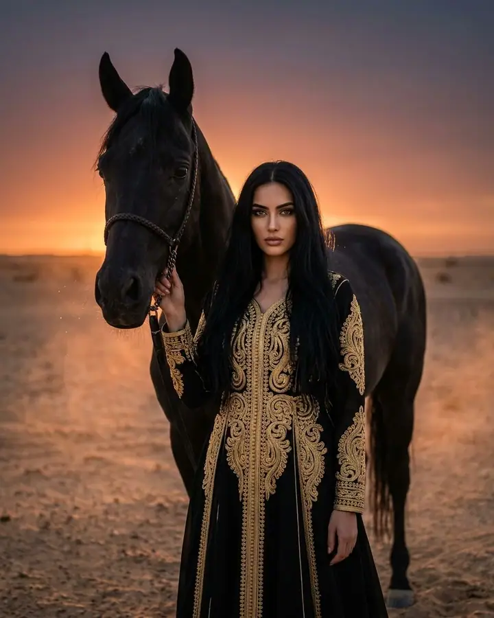 Woman in a black gold-embroidered gown beside a black Arabian horse in the desert at sunset