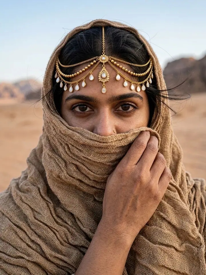 Woman with a draped brown shawl covering her face and a gold tikka on her forehead