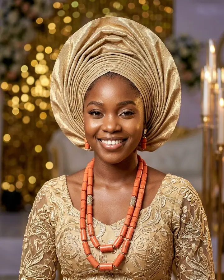 AI example of a woman in a gold gele headwrap and lace aso-ebi outfit