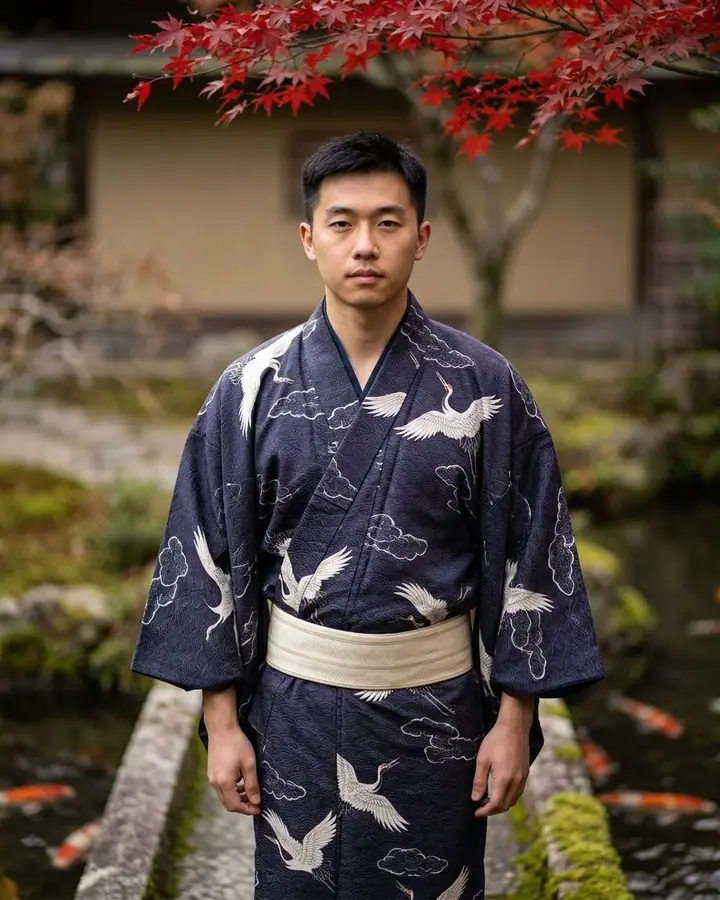 AI example of a man in an indigo kimono on a stone bridge over a koi pond