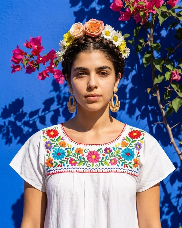 AI example of a woman in an embroidered white folk dress with a flower crown against a blue wall