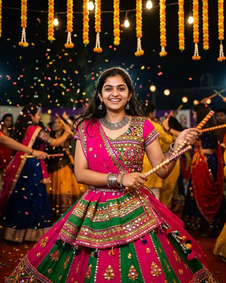 AI example of a woman in a mirror-work chaniya choli twirling dandiya sticks at a garba night