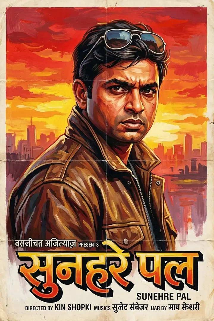 AI example of a hand-painted 1990s-style Indian film poster featuring a man in aviators
