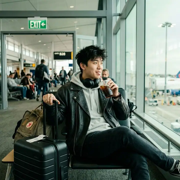 Man in a leather jacket and headphones sipping iced coffee at an airport