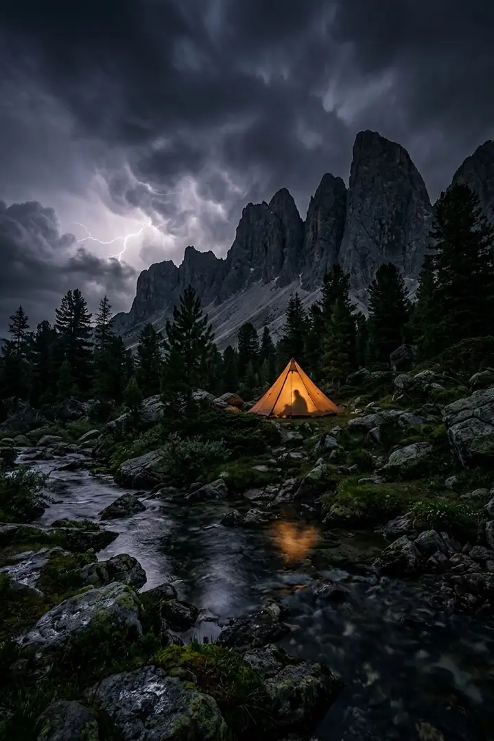 Glowing orange tent by a mountain stream under jagged peaks and lightning