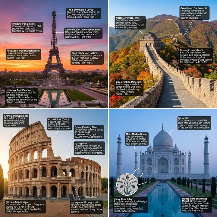 Famous landmarks with labeled annotations overlaid on their architecture