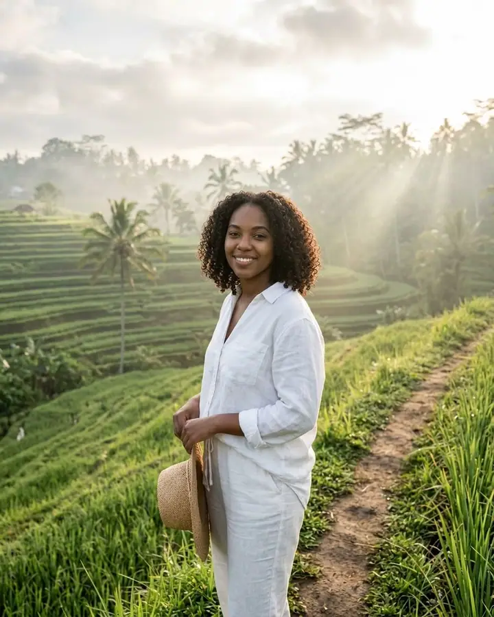 AI example of a woman overlooking misty green rice terraces