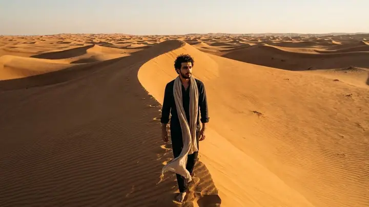 AI example of a man walking along a sand dune ridge at golden hour