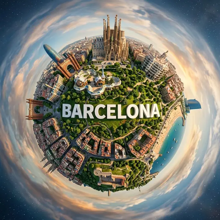 Tiny planet of a city with landmarks curving around a green park and 3D city name