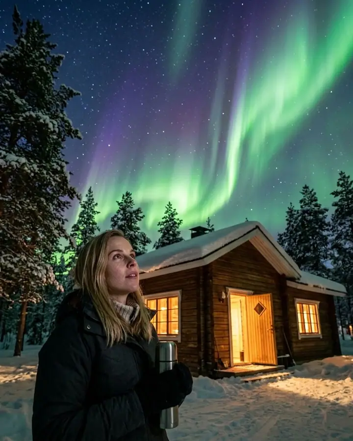 AI example of a woman by a snowy cabin under green northern lights