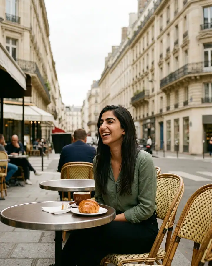 AI example of a woman laughing at a Parisian café terrace table